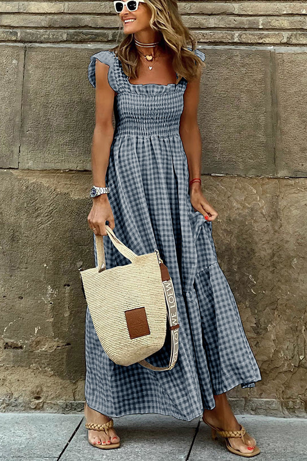 LB | Singing Solo Multi Plaid Maxi Dress z marszczoną górą