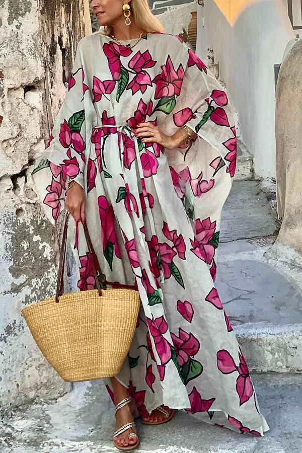 LB | Floral Print Dolman Sleeve with Belt Luźna sukienka maxi
