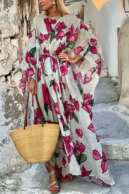 LB | Floral Print Dolman Sleeve with Belt Luźna sukienka maxi