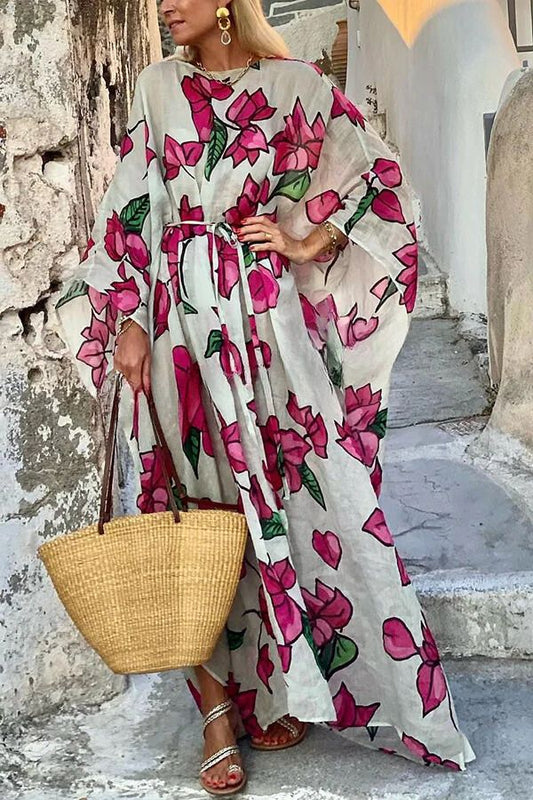 LB | Floral Print Dolman Sleeve with Belt Luźna sukienka maxi