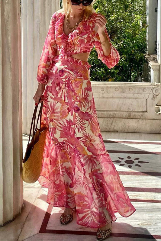 LB | Make Me Blush Floral Ruffle Side Cutout Waist Maxi Dress