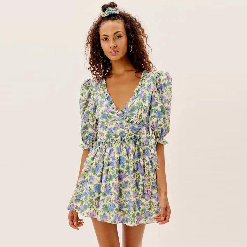 AS | Dámské letní zelené květinové šifonové šaty Holiday Puff krátký rukáv V-Neck zpět krajky až Design zábal jednodílné šaty