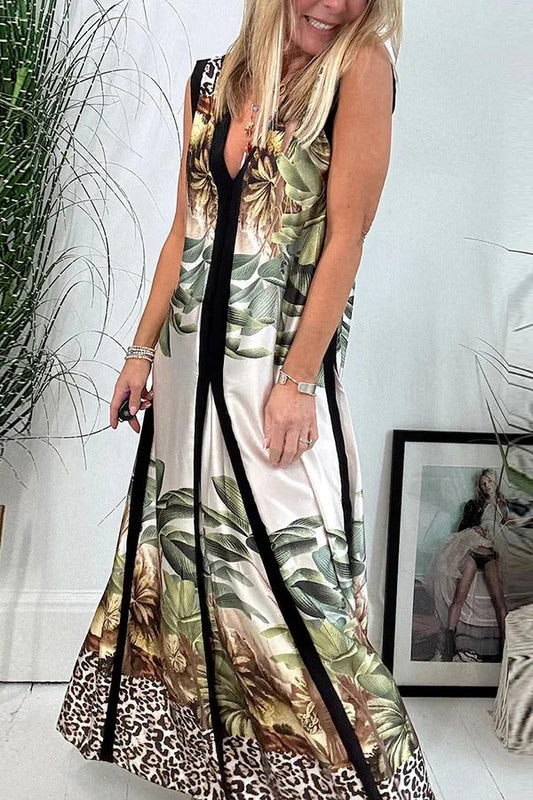 LB | Vanna Unique Tropical Print Black Patchwork Detail A-Line Maxi Dress