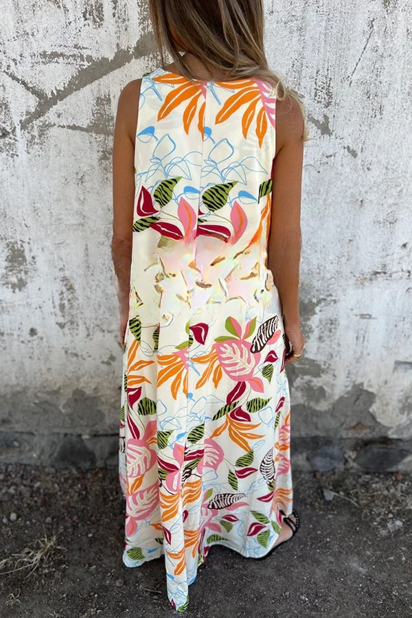 LB | Botaniczny nadruk V-neck torba luźna swobodna sukienka maxi