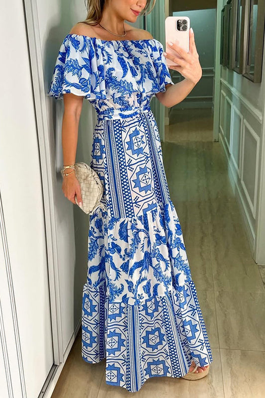 LB | Irene Bohemian Print Off The Shoulder Belted Ruffle Maxi Dress