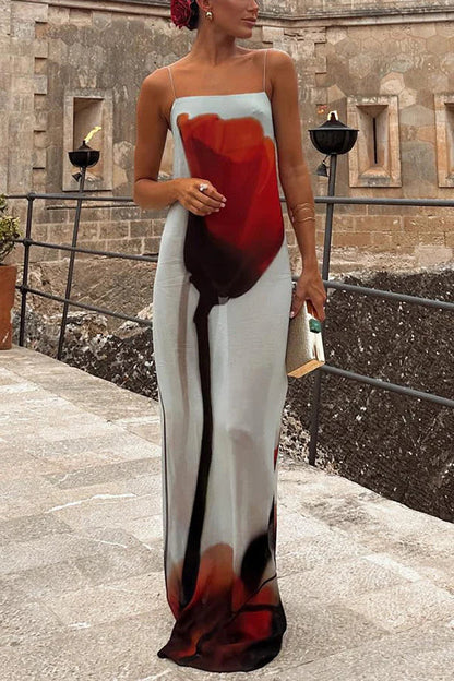 LB | Seasonal Blooms Abstract Tulip Print Slip H-Line Holiday Maxi Dress