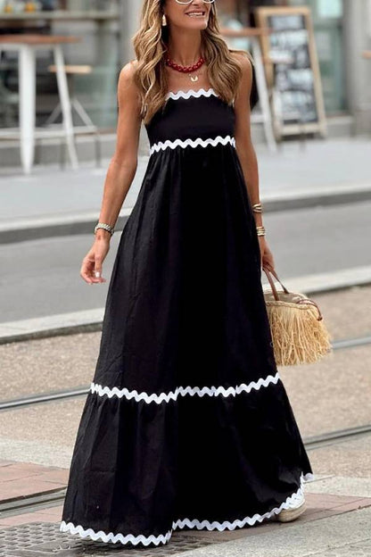 LB | Bayside Beauty Wave Trim Patchwork Back Smocked Suspender Maxi Dress