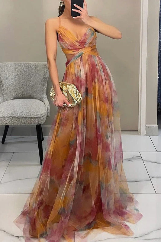 LB | Giselle Tulle Render Floral Print Cut Out Waist Back Lace Up Maxi Dress