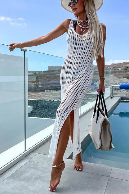 LB | Deserted Island Crochet Knit Cross Back Cover Up Maxi Dress