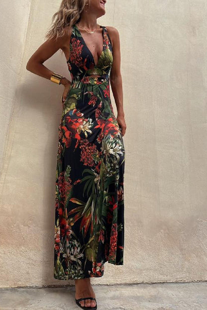 LB | RAINFOREST PARADISE TROPICAL PRINT DEKOLT W SZPIC Z TYŁU ELASTYCZNA SUKIENKA MAXI