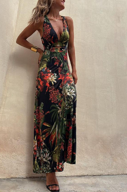 LB | RAINFOREST PARADISE TROPICAL PRINT DEKOLT W SZPIC Z TYŁU ELASTYCZNA SUKIENKA MAXI