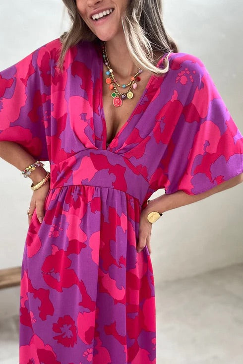 LB | Rose Abstract Floral Print V-Neck Dolman Maxi Dress