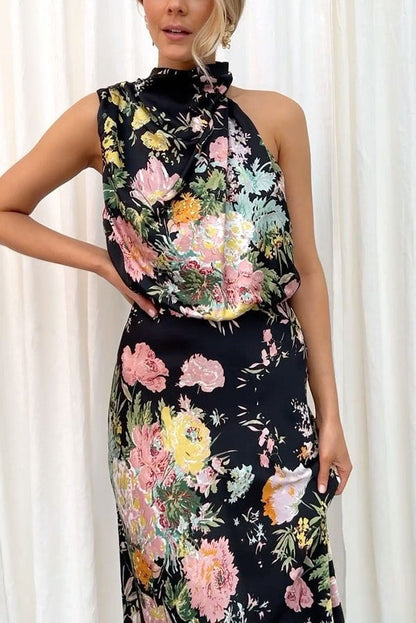 LB | Wine Country Dates Floral Halter Neck Elastyczna sukienka maxi w talii