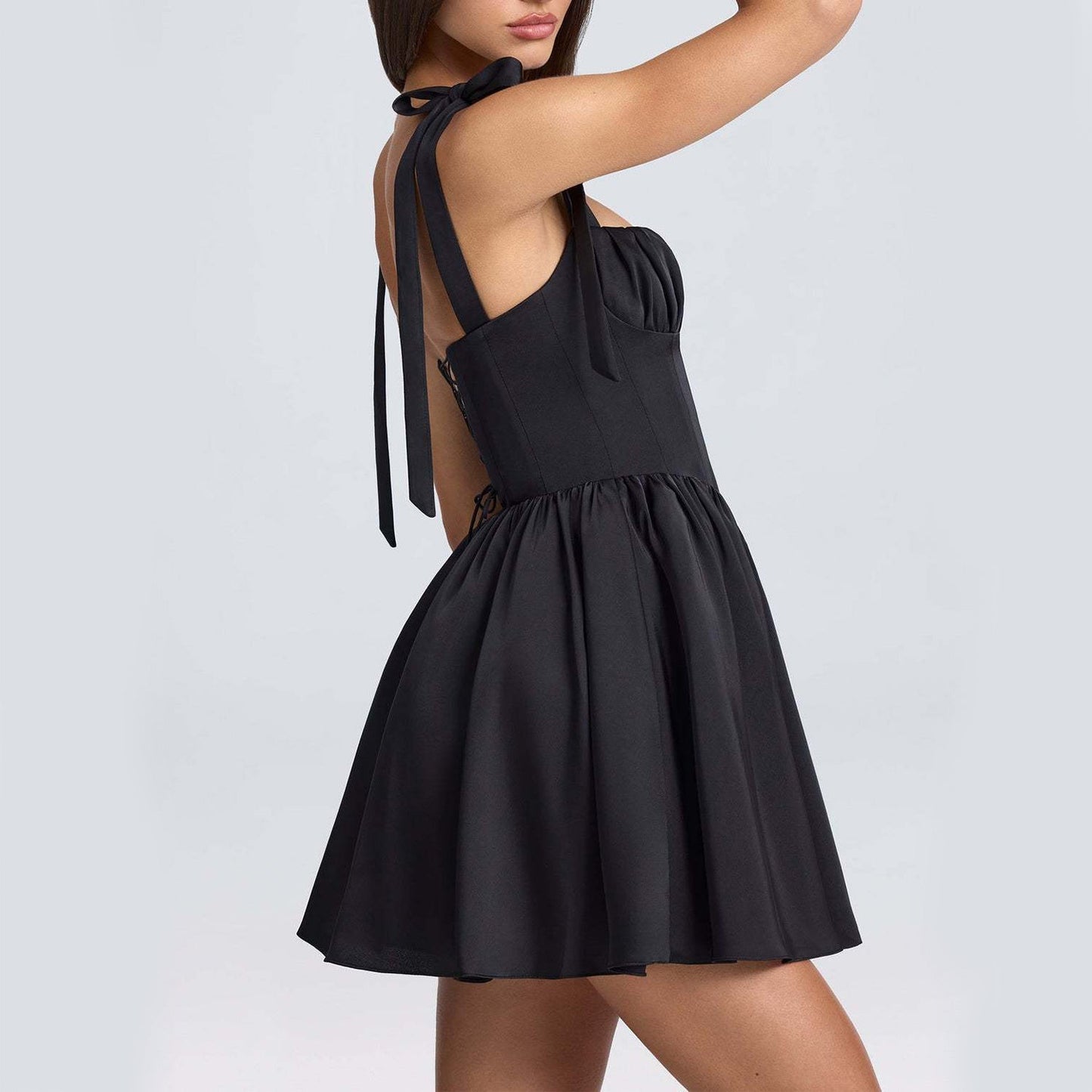 AS | Bow-tied Strap Dress Letní módní Backless Square Collar Vysoký pas krátké šaty Beach oblečení pro ženy