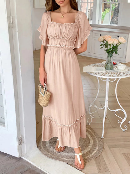 AS | Čtvercový výstřih Puff rukávy Frill trim Maxi šaty