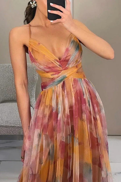 LB | Giselle Tulle Render Floral Print Cut Out Waist Back Lace Up Maxi Dress