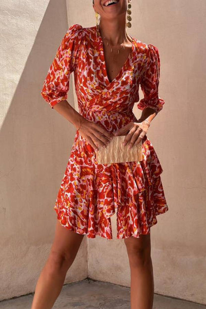 LB | Vibrant Voyage Unique Print Half Sleeve Elastyczna sukienka mini z wiązaniem w talii