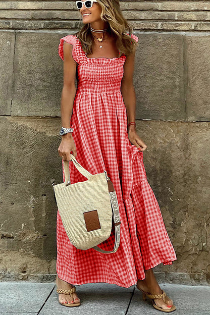 LB | Singing Solo Multi Plaid Maxi Dress z marszczoną górą