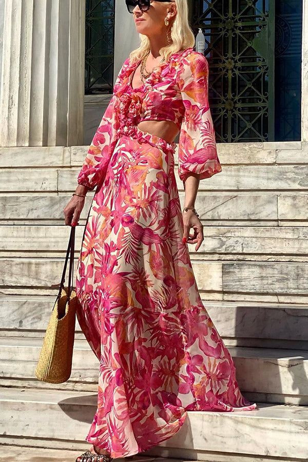 LB | Make Me Blush Floral Ruffle Side Cutout Waist Maxi Dress