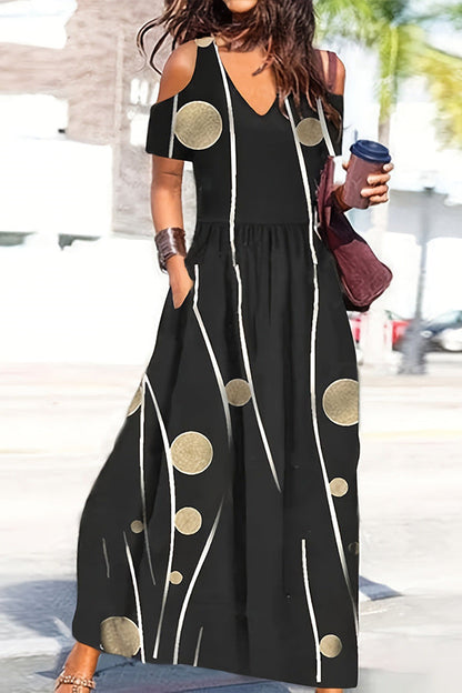 LB | Ayden Plant Print Cold Shoulder Flared Maxi Dress z kieszeniami