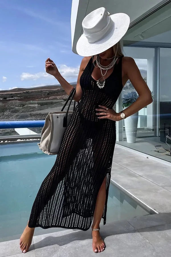 LB | Deserted Island Crochet Knit Cross Back Cover Up Maxi Dress
