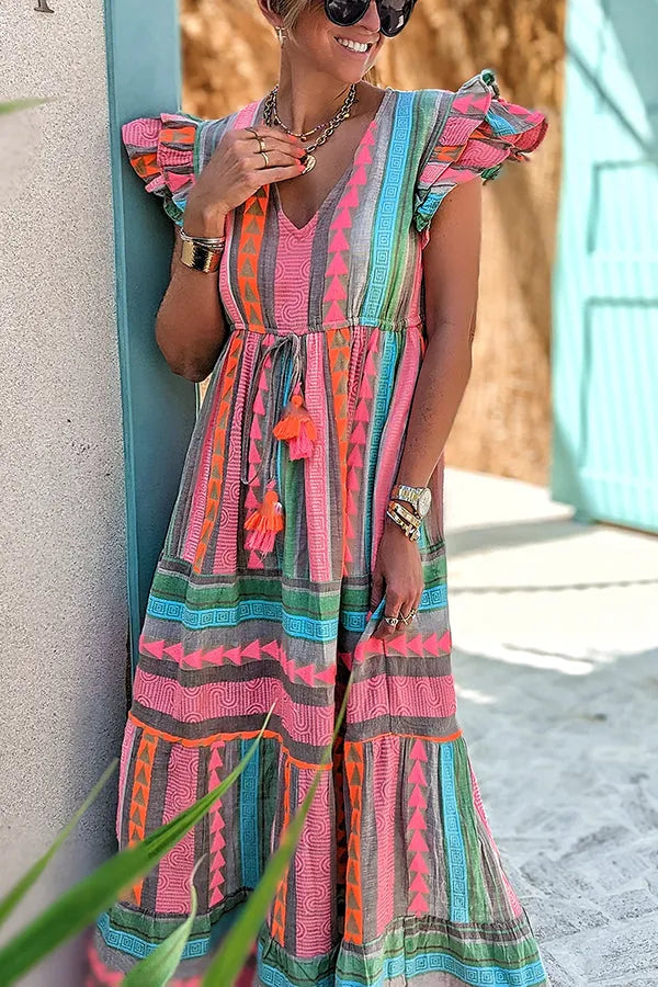 LB | Sunlit Magic Linen Blend Ethnic Print Ruffle Sleeve Tassel Maxi Dress