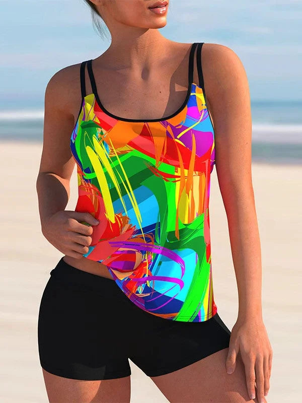 LB | Strój kąpielowy Plus Size Tankini bez rękawów z kwiatowym nadrukiem w paski