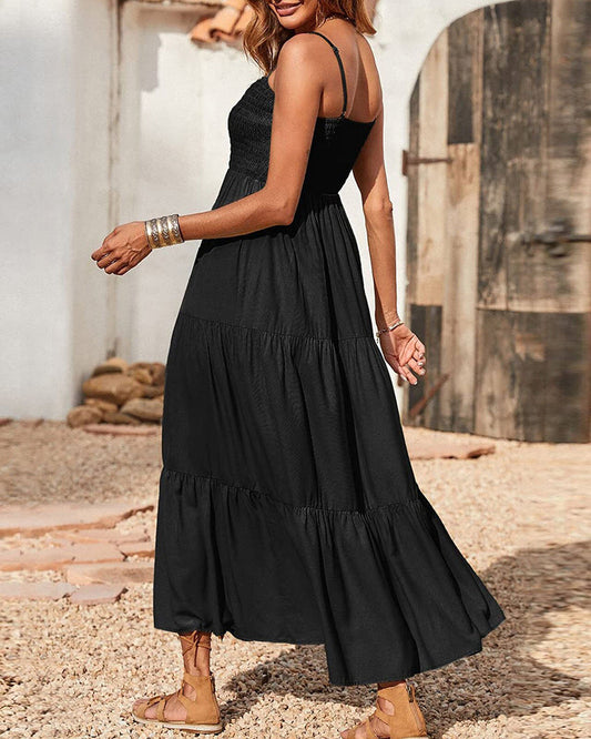 LB | Bohemian Long Dress Spaghetti Strap Solid Swing Beach Sleeveless Maxi Dress