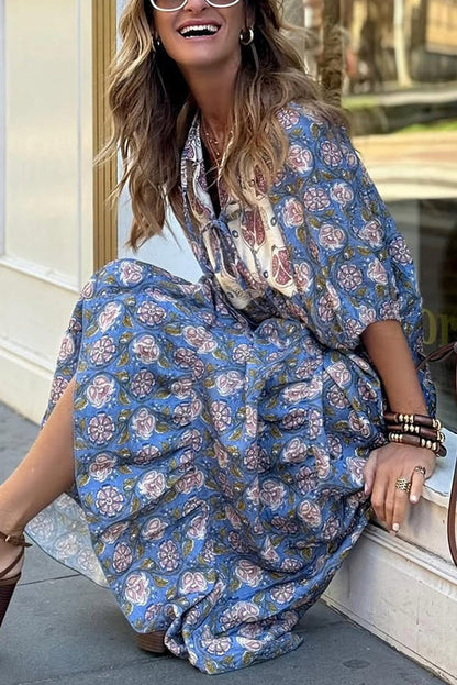 LB | Bohemian Unique Print Puff Sleeve Lace-up Luźna wakacyjna sukienka maxi