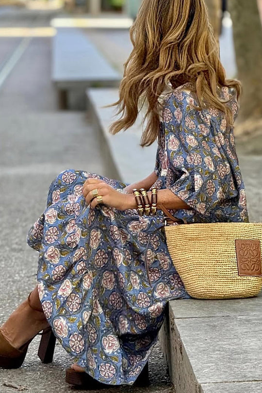 LB | Bohemian Unique Print Puff Sleeve Lace-up Luźna wakacyjna sukienka maxi
