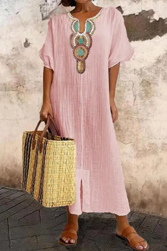 LB | V-Neck Casual Loose Retro Ethnic Print Sukienka Maxi z krótkim rękawem