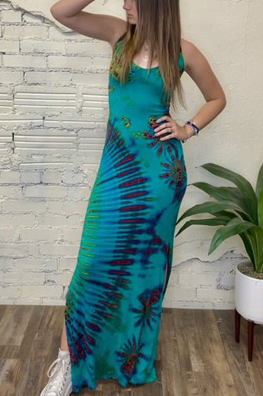 LB | Tuscan Vibes Tie-dye Print Back Lace-up Slit Stretch Maxi Dress