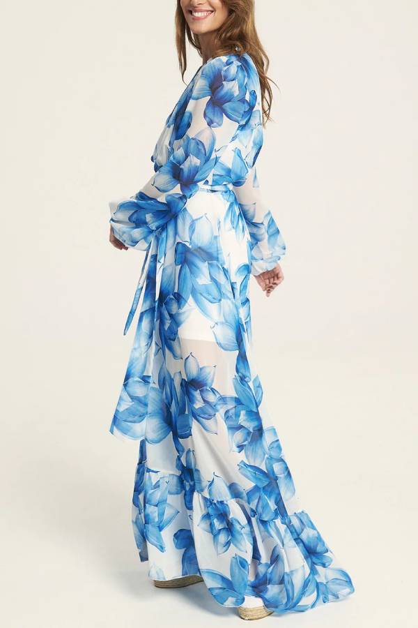 LB | Island Girl Floral Print V-Neck Long Sleeve Tie Slit Holiday Maxi Dress