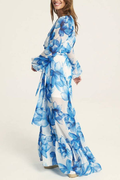 LB | Island Girl Floral Print V-Neck Long Sleeve Tie Slit Holiday Maxi Dress
