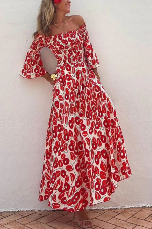LB | Close To The Vacation Floral Print Smocked Off Shoulder Pocketed Maxi Dress