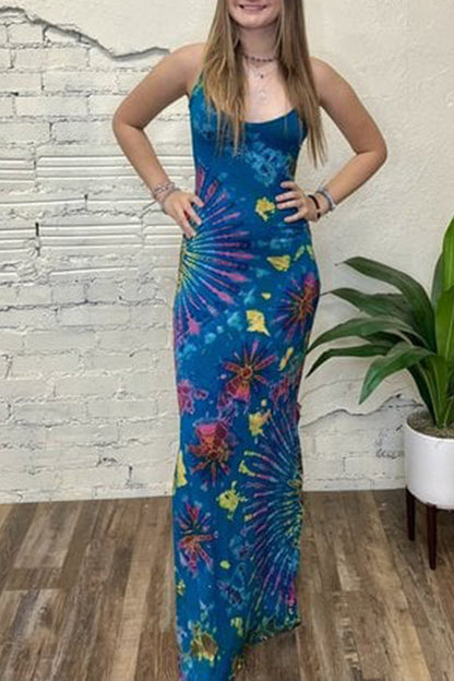 LB | Tuscan Vibes Tie-dye Print Back Lace-up Slit Stretch Maxi Dress