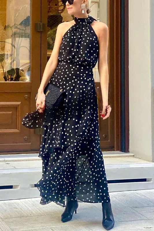 LB | Cabana Date Polka Dot Print Halter Bow Neck Tiered Maxi Dress