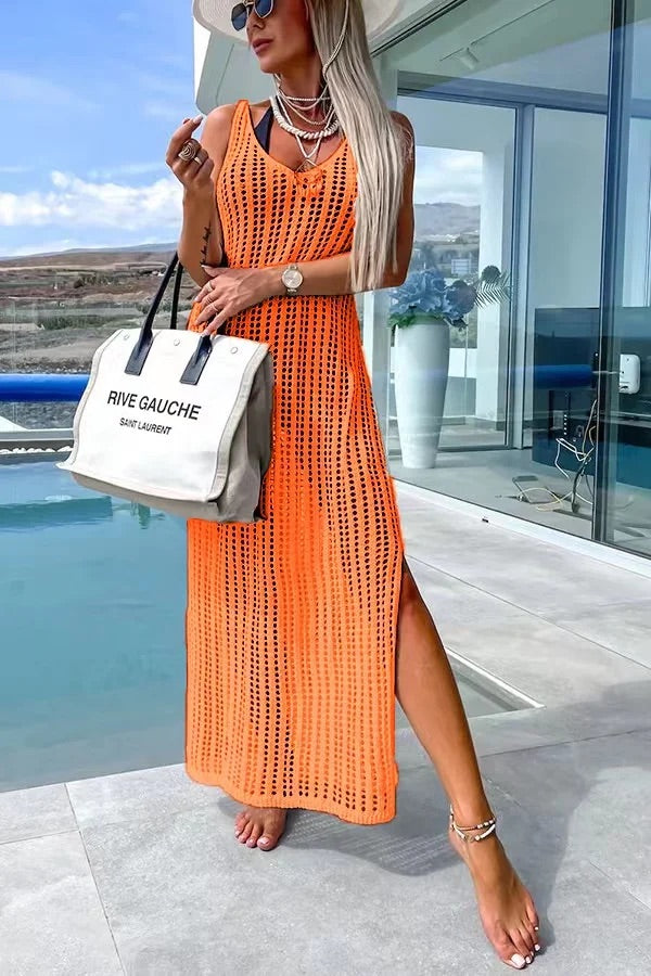 LB | Deserted Island Crochet Knit Cross Back Cover Up Maxi Dress