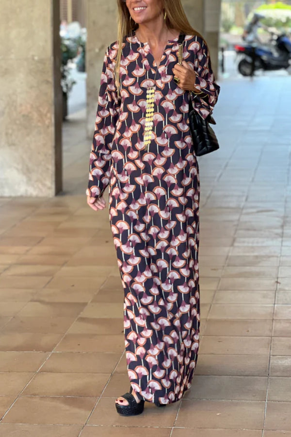 LB | Modna damska sukienka maxi z długim rękawem i nadrukiem V-Neck