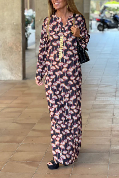 LB | Modna damska sukienka maxi z długim rękawem i nadrukiem V-Neck