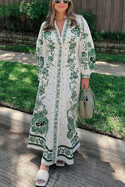 LB | Unique Print Button Down Long Sleeve Shirt Maxi Dress