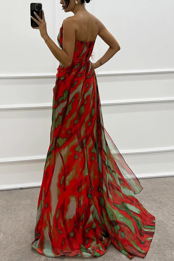 LB | Amazing Views Watercolour Print Feather Rose Detail Off Shoulder Pleated Slit Maxi Dress