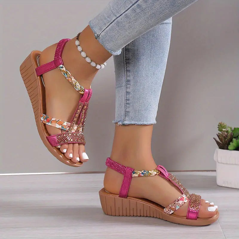 AS | Boho glam plecione sandały na koturnie w stylu glam rhinestone