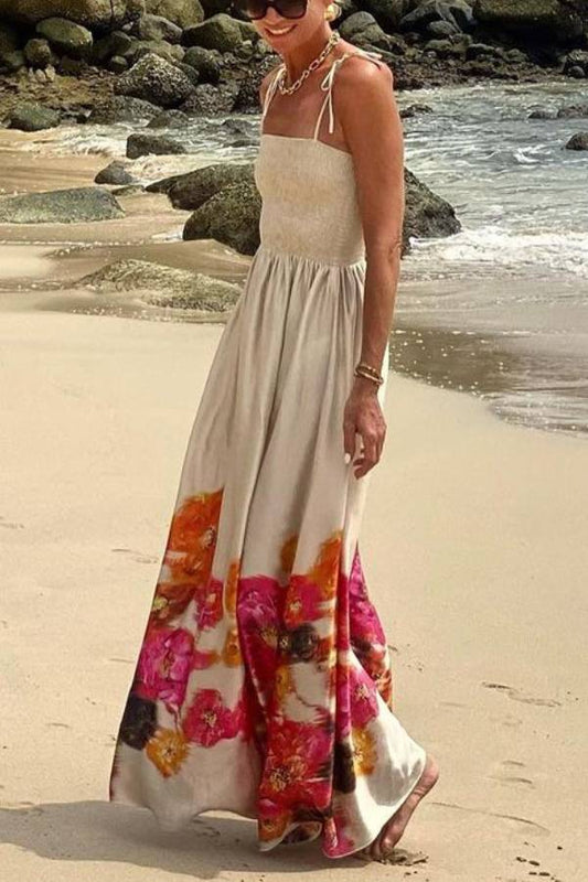 LB | Hidden Garden Satin Floral Print Smocked Off Shoulder Maxi Dress