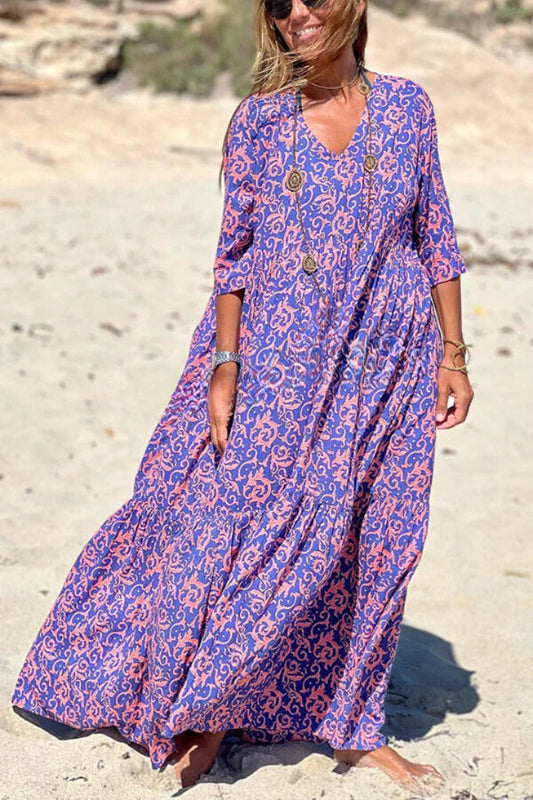 LB | Fashion Pattern Printed Half Sleeve Loose Swing Maxi Dresse