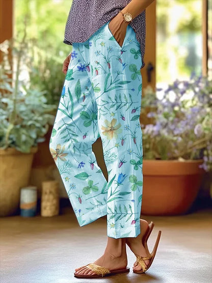 AS | Damskie spodnie w kwiatowy wzór z luźną kieszenią Patchwork Casual Trousers