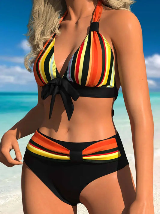 LB | Bikini typu halter ze sznurkiem w kolorowe paski