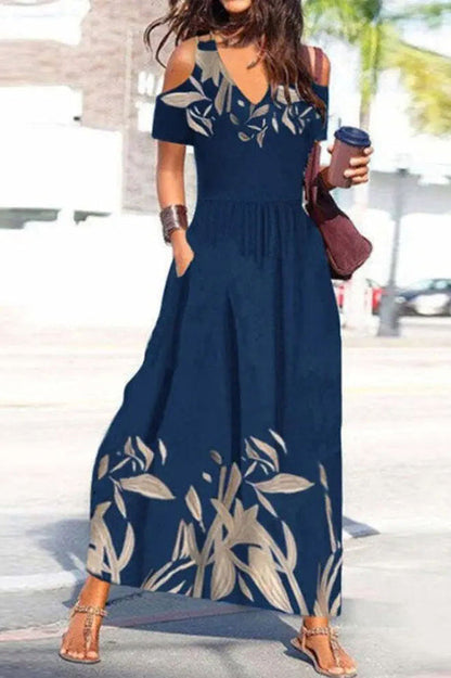 LB | Ayden Plant Print Cold Shoulder Flared Maxi Dress z kieszeniami