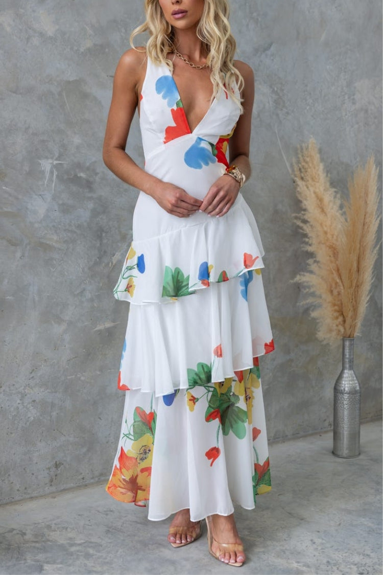 LB | ODŚWIEŻAJĄCA SUKIENKA MAXI W KWIATOWY PRINT, SZNUROWANA Z TYŁU, Z FALBANĄ U DOŁU