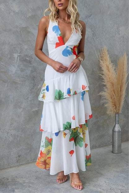 LB | ODŚWIEŻAJĄCA SUKIENKA MAXI W KWIATOWY PRINT, SZNUROWANA Z TYŁU, Z FALBANĄ U DOŁU